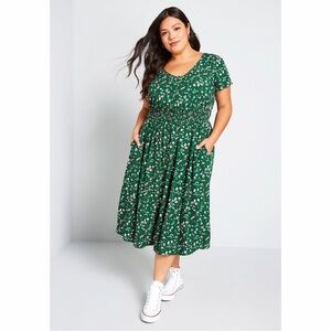 MODCLOTH Inspired Anytime Midi Dress Green Floral Short Sleeve Pockets Sz 2X